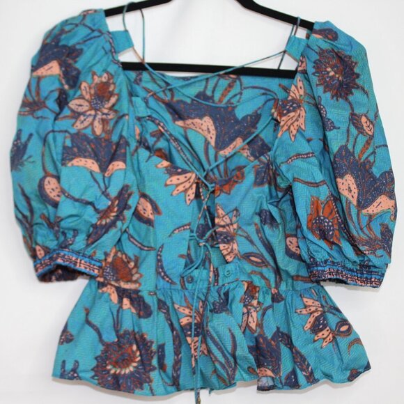 Ulla Johnson Puff-Sleeve Blue Floral Peplum Carlotta Blouse Size Small/4 - Picture 6 of 10